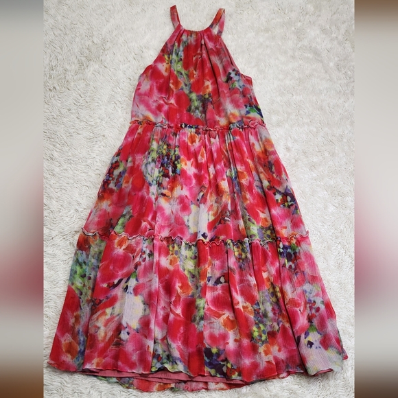 SUNDANCE Watercolor Floral Halter Tiered 100% Silk Midi Dress Sz Large - Picture 4 of 9